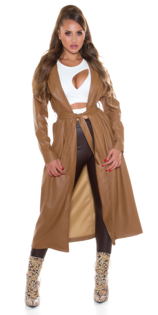 Faux Leather Coat with Belt Brown